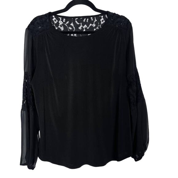 Roz & Ali Medium M Black Lace Inset Sheer Long Sleeve Blouse Top Round Neck - Picture 1 of 7